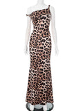 Leopard Print Incline Shoulder Sexy Maxi Dress Women Fashion Irregular Sleeveless Backless Club Party Long Dress