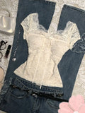 Summer Vintage Apricot Lace Blouse Women Elegant Sweet Bow Slim Fit Tops Female Retro Chic Y2K Fashion Casual Sweet Tees New