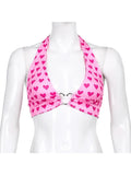 Pink Heart Print Cute Bustier Crop Top Women Aesthetic Kawaii Clothes Sleeveless Backless Lace Up Bralette Camisole