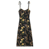 Pbong  Retro French Style Black Floral Print Bandage Spaghetti Strap Hem Slit Midi Dress Women Bow Lacing Up Sling Robe Vestido