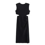 Pbong   Elegant Rose Red Party Dresses for Woman Ruched Sleeveless Split Cut Out Midi Dress Ladies Commuting Streetwear Vestido