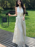 Women Beach Flower Ruffle Halter Dress Summer White Sleevelss Backless Long Princess Party Dresses Female Fashion Holiday Robe