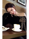 Pbong  Off shoulder Tops Y2k Bow Tied Long sleeve Leopard T Shirt Women Sexy Tight Basic Crop Top Lady Casual Black Tees Korean