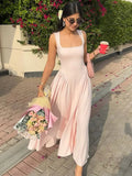 Women's Elegant Solid High Waist Pleated Long Dress Fashion Square Neck Sleeveless A-line Dresses Vocation Beach Streetwear