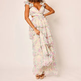 Pbong  Women Summer Floral Print Ruched Bust Sleeveless V-Neck Ruffle Layered Lace-up Backless Flowy A-Line Long Cake Dress