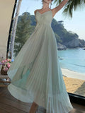 Women Elegant V-Neck Solid Evening Dress Fashion Pleated A-Line Backless Long Party Dress Korean Asymmetrical Vestidos Mujer