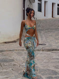 Fashion Hollow Out Print Maxi Dress Women Sleeveless Backless Bodycon Long Dresses New Beach Vocation Sexy Vestidos
