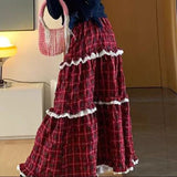 New Year's Christmas Vintage High Street Red Plaid Women Long Skirt Korean Style Fashion Sweet Y2k High Waist Ruffles Cake Skirt