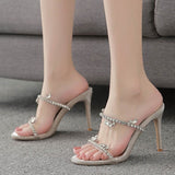 Sexy Crystal Rhinestone High Heels Party Slippers Fashion Snake Print Open Toe Transparent Sandals Sliders Shoes Women