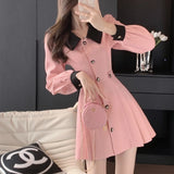 Pbong  Pink Contrast Color Button Splice Dress Women's Spring Autumn Slimming Long Sleeve Short A- Line Skirt High Waist Elegant