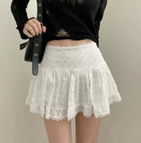 Y2K Low Rise Mini Skirt Tiered Ruffled Lace Trim White Short Skirt Summer Women Teen-Girl Feminine Barbiecore Outfit