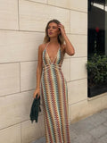 Women Colorful Printing Crochet Knit Long Dress Sexy Deep V-neck Backless Sleeveless Bodycon Robe 2025 Lady Vocation Dresses
