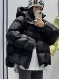 Women Korean-Style Hooded Glossy Cotton Coat Zipper Pocket Long-Sleeve Warm Parka for Autumn Versatile Outerwear Casual New