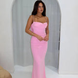 Spaghetti Strap Backless Sexy Maxi Dress Women Gown Summer New Fashion Solid High Waist Evening Beach Club Long Dress
