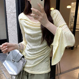 Pbong  Women Clothing Summer Sun Protection T Shirts Flare Sleeve All Match Slim Fit Tees Fashion Tunic Pleated Tshirt