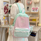 Cute Patchwork Student Book Backpack Ladies Lace Bow Decor Multi Pocket Daily Travel Shoulder Bag Women Fashion Back Packs