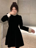Sweet Woman Party Dresses Korean Vintage Velvet Black Dress Patchwork Robe Elegant Clothes All Match Pearl Vestidos Mujer