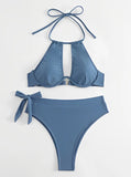Cut-out Push Up Bikini Solid Halter Swimsuit Women High Waist Swimwear Female Bathers Bathing Swimming Swim Suit Beachwear