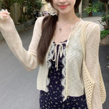 Lace Trim Tie Up Knit Top for Women Sheer Knitted Crop Cardigan Long Sleeve Open Jacket Teen-girl Y2K Sweetgirl Cute Outfit