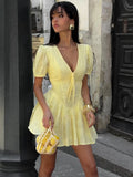 Trendix Yellow Elegant Dress Women Summer Sexy Deep V Neck Lace Up Short Sleeve Dresses Street Casual Vacation Ruffle Mini Dress