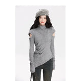 Personality Hollow Out Design Base Sweaters Harajuku Japan Y2k Aesthetic Half High Collar Tops Korean Asymmetrical Clothes