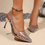 Pbong  Elegant Ladies Shiny Rhinestone Crystal Shoes Autumn Transparent Pvc Pointed Toe High Heels Shoes Woman Sling Back Pumps 34