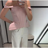 Pbong  Blush Off-Shoulder Corset Peplum Top Structured Waist Fitted Blouse for Summer Fashion Office Party Casual  Women Blouse