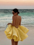 Sexy Backless Lace-up Loose Pleated Hem Mini Dress Women Sleeveless High Waist A-line Dresses New Yellow Vocation Partywear