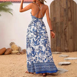 Elegant Long Printed Dress Deep V-Neck Back Crossed Cross-Border Women's Fashion Dress Sleeveless Ankle-Length China Origin