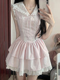Pbong  Sweet Slim Pink Dress Women Cute Preppy Style Sailor Collar Mini Dress Casual Retro Japan Lace Patchwork Kawaii Cake Dress