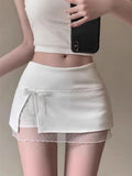 Pbong  A-Line Mini Skirt Women's Clothing Lace Patchwork Jupe Fashion Summer Saia Split Sweet Bow Y2k Skirts