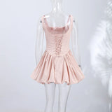 Pbong   Summer Autumn Sexy Solid Tiered Dress Women Party Sling Pleated Single Breasted Female Dresses Holidays Lady Robe New