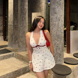 Cherry Print V-Neck Sleeveless Sexy Backless Casual Halter Mini Dress Y2K Spring Summer Streetwear Party Women Vestidos