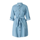 Pbong  Women Autumn Denim Shirt Dress Solid Color Long Sleeve Button-Down Lapel Short Dress with Belt