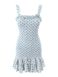 Pbong  Sexy White Blue Flower Print Corset Ruched Elastic Body Sling Mini Dress Woman Wood ears Square Collar Ruffles Hem Robe Holiday