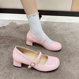 Women Shoes High Heels Mary Janes Shoes Patent Leather Thick Heel Pumps Buckle Round Toe Female Footwear White Red