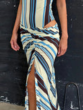 Pbong  Striped Strapless Maxi Dress Ruched Waist Slit Hem Bodycon Dress Summer Beach Party Stylish Date Chic Women Vestido