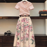 Pbong  Cute Fresh Chiffon Skirt Short Sleeve Bowknot Tops Floral Mid-length High Waist Slim 2-Piece Suit Shirt Elegant