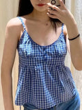 Casual Women Fashion Blue Front Buttons Plaid Printed Camis Summer Vintage Sleeveless Female Chic Tops