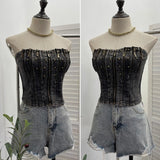 Pbong  Vintage Denim Strapless Vest 2025 Women's Clothing Y2k Tunic Crop Tank Top Backless Fashion Zipper Tank