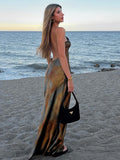 Summer New Fashion Female Elegant Scenery V-Neck Backless Sexy Camisole Dresses Women Chic Slim Sleeveless Long Dresses