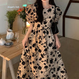 Pbong  Ele Hepburn Sle Floral Print Bubble Sve Midi Dr round Ne Godd Aosphere New Street Faion Queen Dr