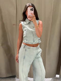 Pbong  Light Wash Denim Vest & Wide Leg Pants Two-Piece Set Asymmetric Button Spring Summer Fashion Streetwear Casual Denim Set