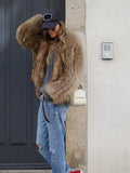 Women Fashion Thicken Short Faux Fur Jacket Chic V Neck Long Sleeved Plush Cardigan Coat Winter Elegant Female Warm Outerwear