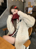 Zoki Retro Sweet Faux Lamb Coat Women Loose Preppy Style Sweet Long Sleeve Warm Jacket Korean Vintage Casual Pockets Winter Tops