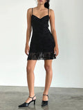 Pbong  Spaghetti Strap Bodycon Short Dresses for Women V Neck Sleeveless High Waist Patchwork Lace Mesh Hem Dress Female