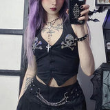 Skull Rhinestone Mall Gothic Halter Tops Grunge Aesthetic Button Up Emo Crop Top Punk Sexy Backless Bandage Alt Outfit