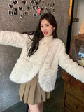 Women Sweet Cute Faux Lamb Coat Winter Warm Thick Slim Long Sleeve Vintage Jacket Korean O Neck Elegant Pearls Buttons Tops New
