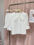 Casual Doll Collar Shirts Shorts Women 2 Piece Sets Loose Puff Sleeve Single Breasted Blouses Ruffles Short Pants  Summer