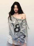Y2K Streetwear Gray Sweatshirts Women Off Shoulder Loose Letter Pullovers Harajuku Retro Female Casual American Tops New